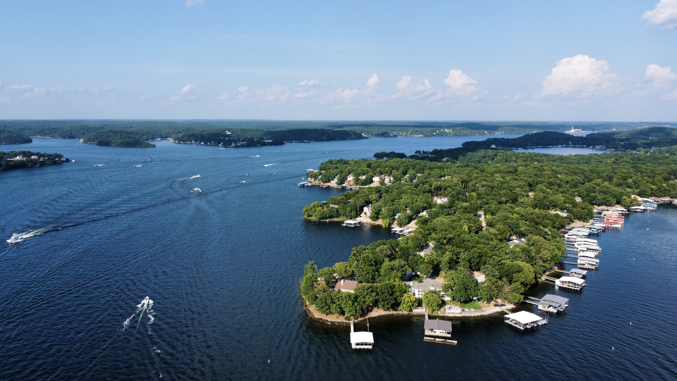 Boat docks and shoreline at the Lake of the Ozarks, Missouri